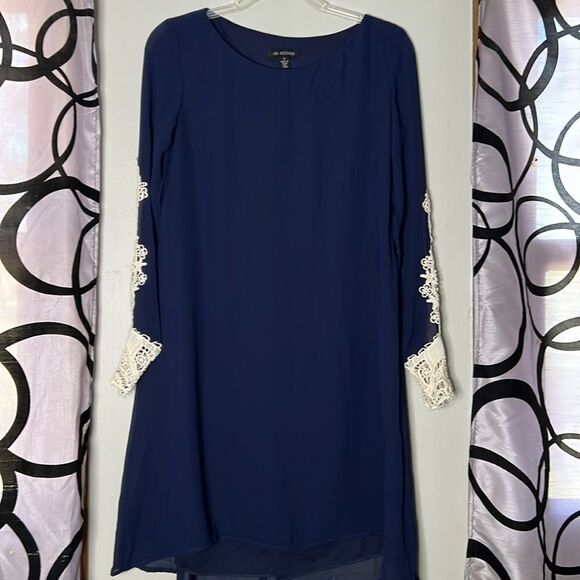 Jodi Kristopher dark blue shift dress with semi sheer lace sleeves size small - Picture 2 of 14